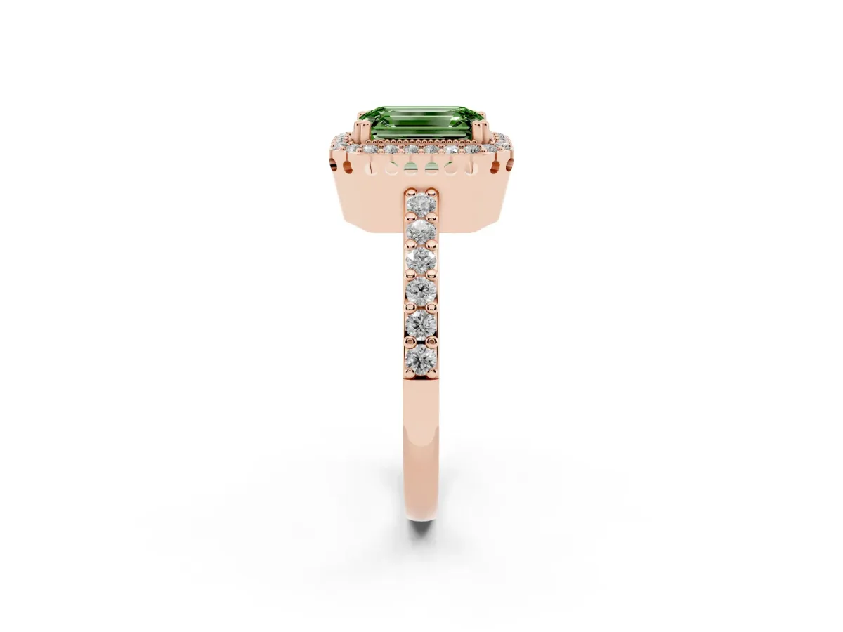 Fancy Green Emerald Cut Cut Diamond Halo Engagement Ring with Milgrain Detail and Pavé Band Rose gold