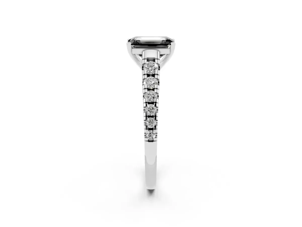 Fancy Black Emerald Cut Diamond Cathedral Solitaire Ring with Round Pavé Band Silver