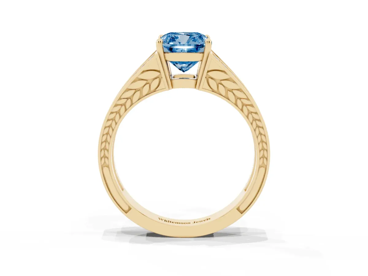 Fancy Blue Cushion Cut Diamond Split Shank Ring with Pavé Band and Four-Prong Setting Yellow gold