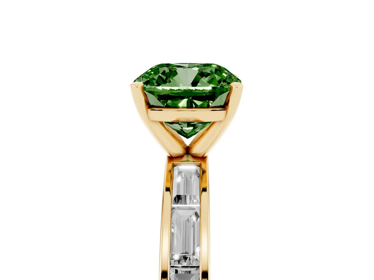 Fancy Green Cushion Cut Solitaire Diamond Ring with Channel-Set Baguette Band and Four-Prong Setting Yellow gold