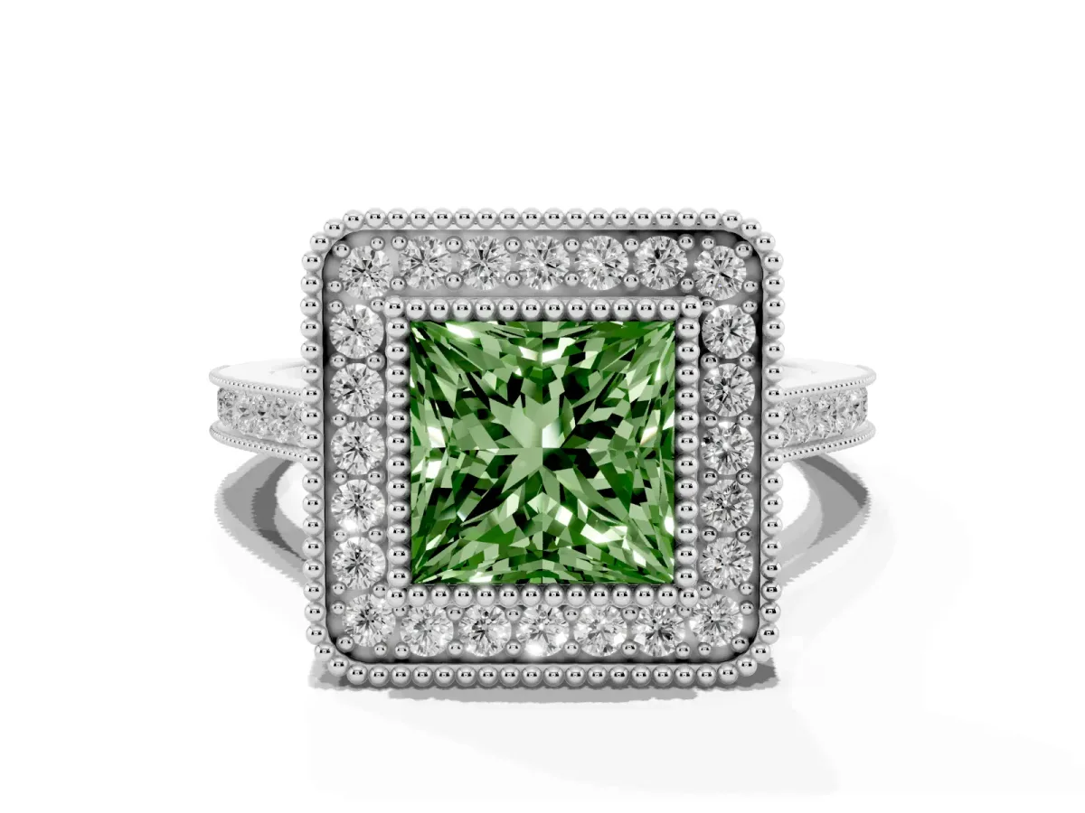 Fancy Green Princess Cut Diamond Halo Ring with Milgrain Frame and Pavé Band Platinum