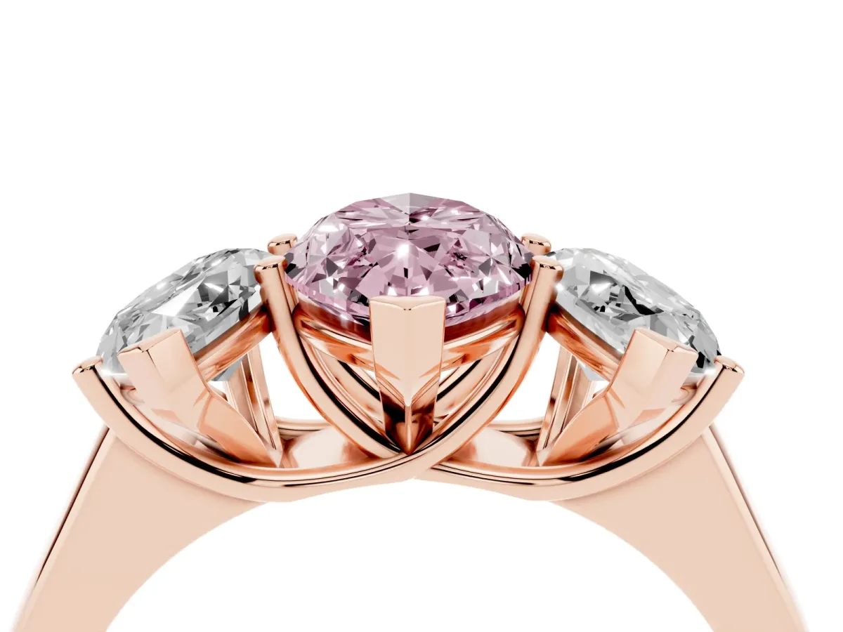 Fancy Pink Marquise Cut Three-Stone Diamond Ring with Prong Setting on a Classic Band Rose gold