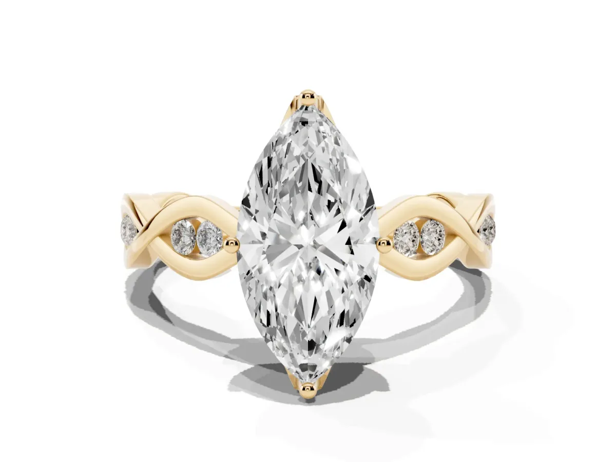 Marquise Cut Solitaire Twist Band with Leaf Prong Setting Yellow gold