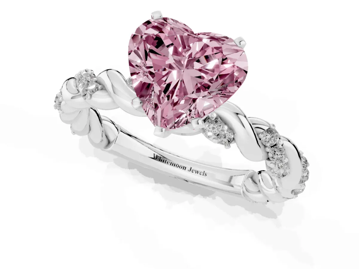 Fancy Pink Heart Cut Diamond Solitaire Ring with Twisted Band and Pavé Accents Platinum