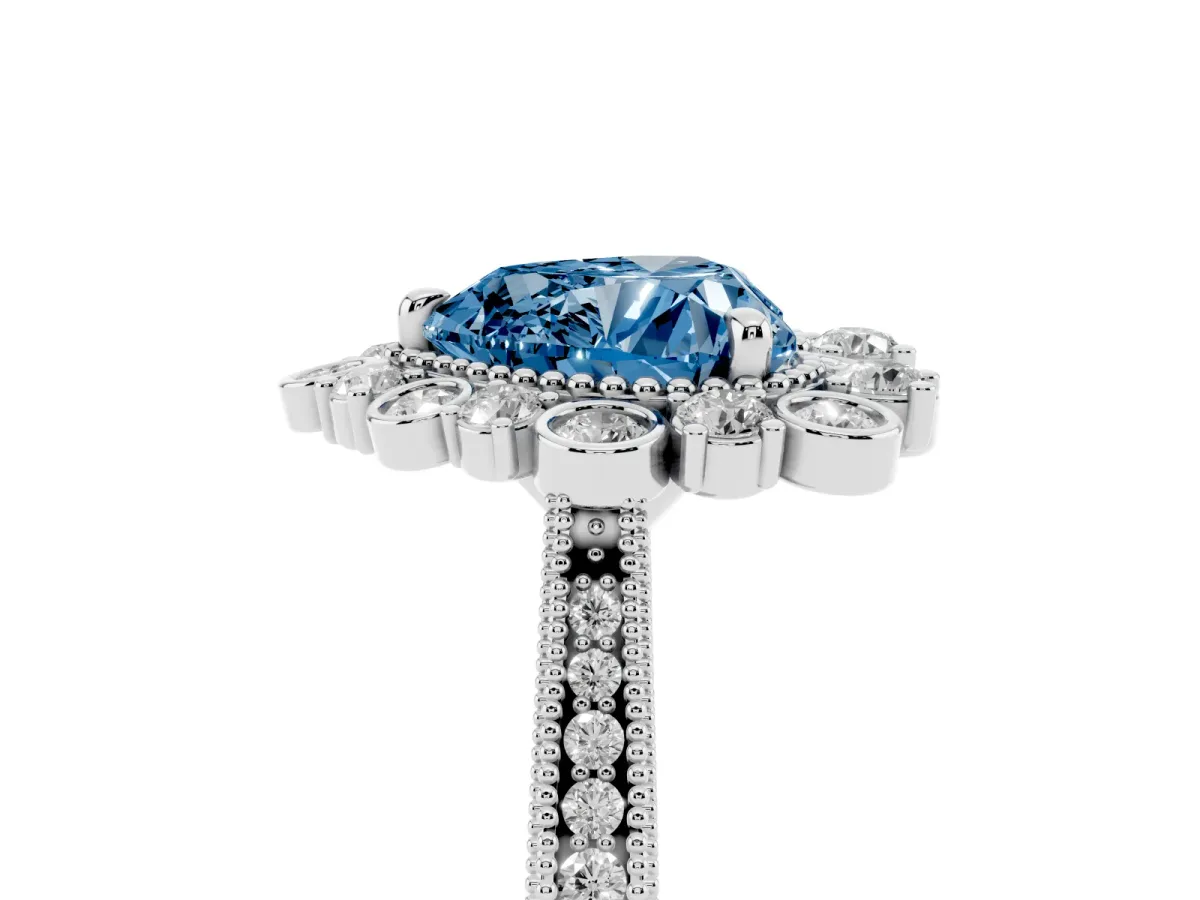 Fancy Blue Heart Cut Halo Milgrain Pave Diamond Ring with Four-Prong Setting Silver