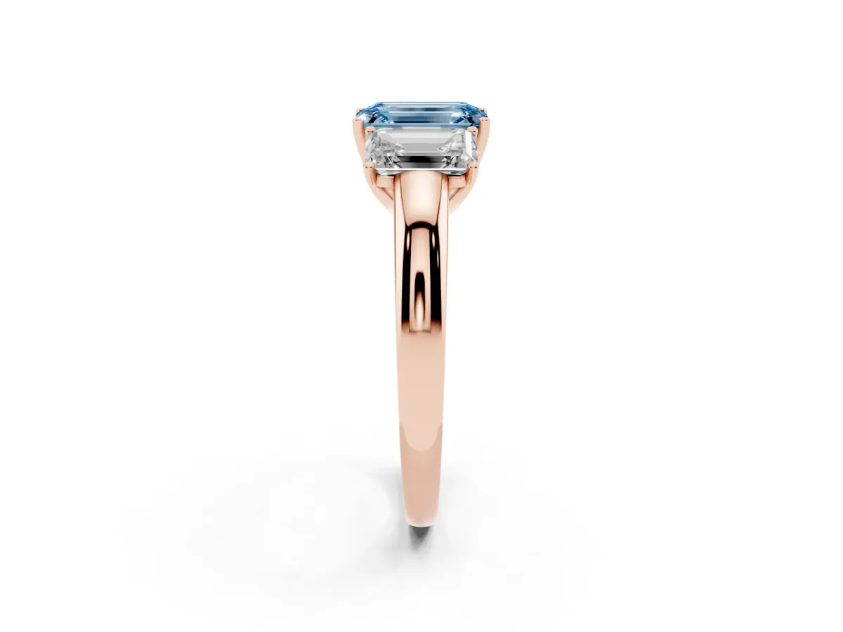Fancy Blue Emerald Cut Diamond Three-Stone Ring with Four-Prong Setting and Classic Band Rose gold