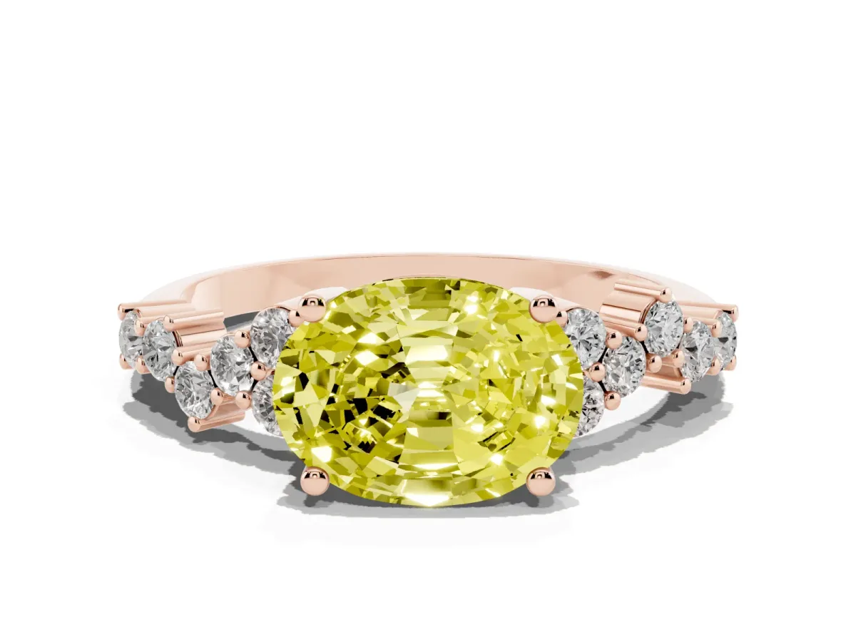 Fancy Yellow Oval Cut Diamond Scattered Round Accent Ring with Prong Setting Rose gold
