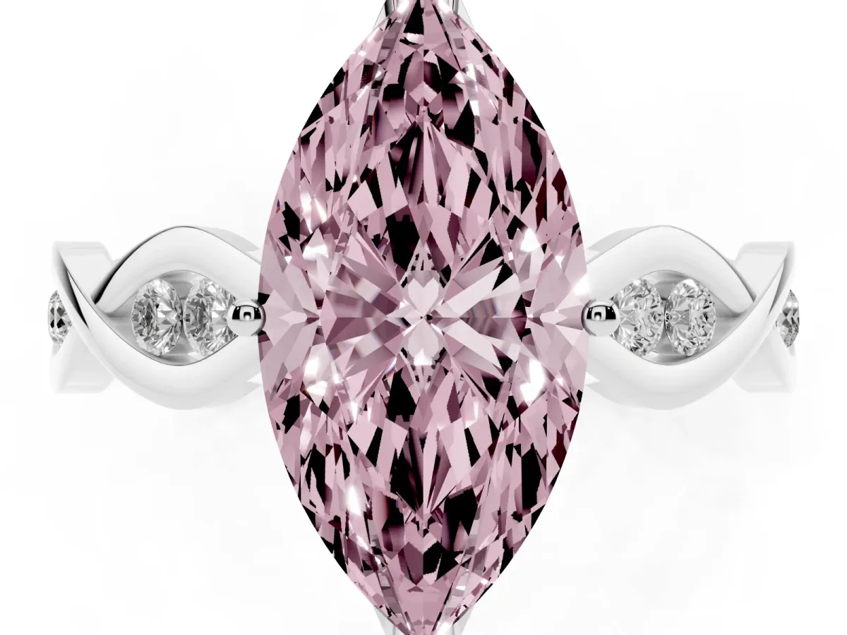 Fancy Pink Marquise Cut Solitaire Twist Band with Leaf Prong Setting Silver