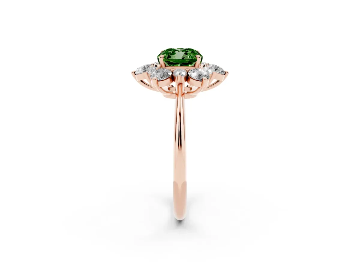 Fancy Green Cushion Cut Diamond Cluster Halo Ring with Solitaire Band and Four-Prong Setting Rose gold