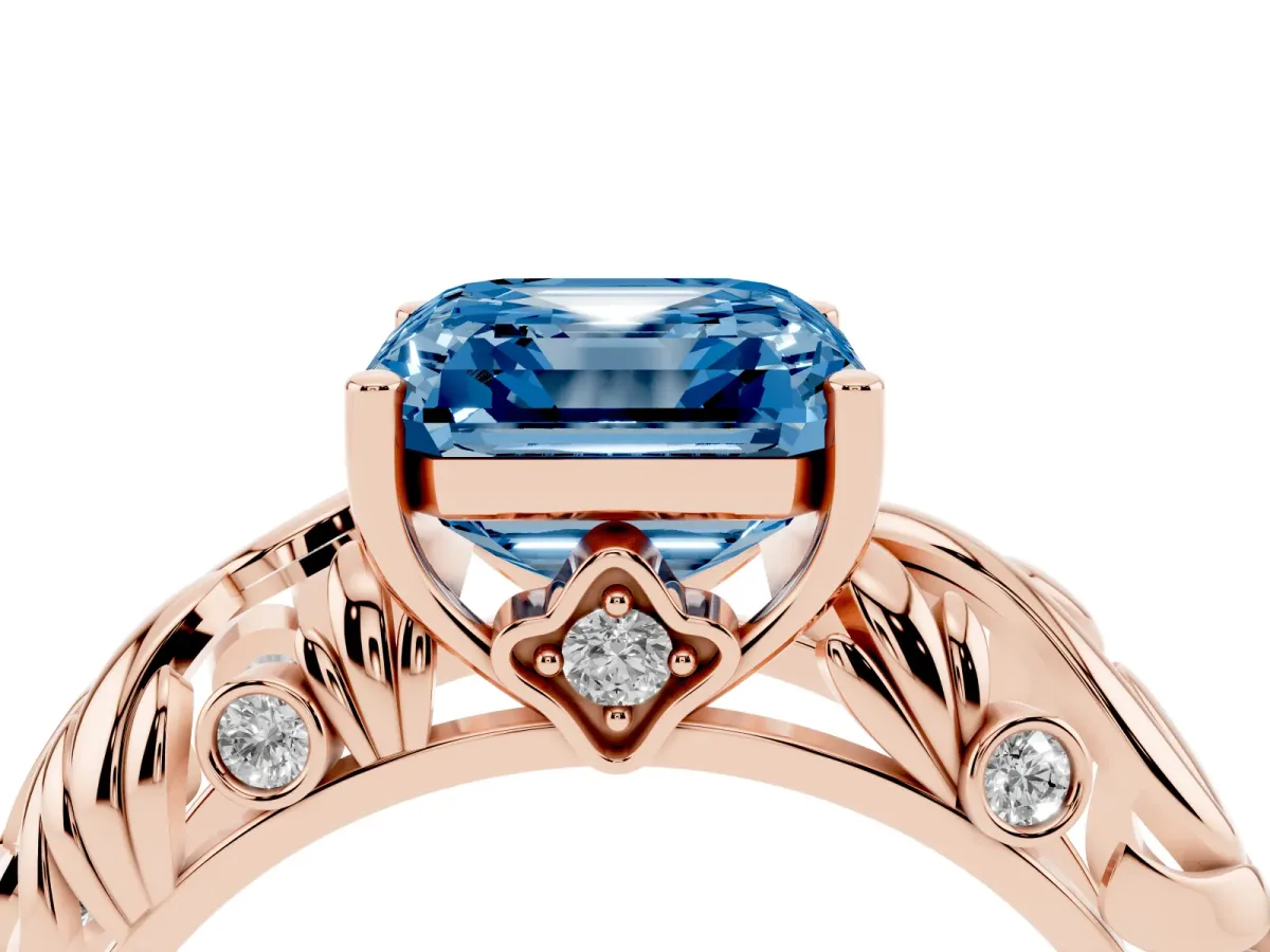 Fancy Blue Asscher Cut Solitaire Diamond Leaf-Inspired Vine Band Ring with Prong Setting Rose gold