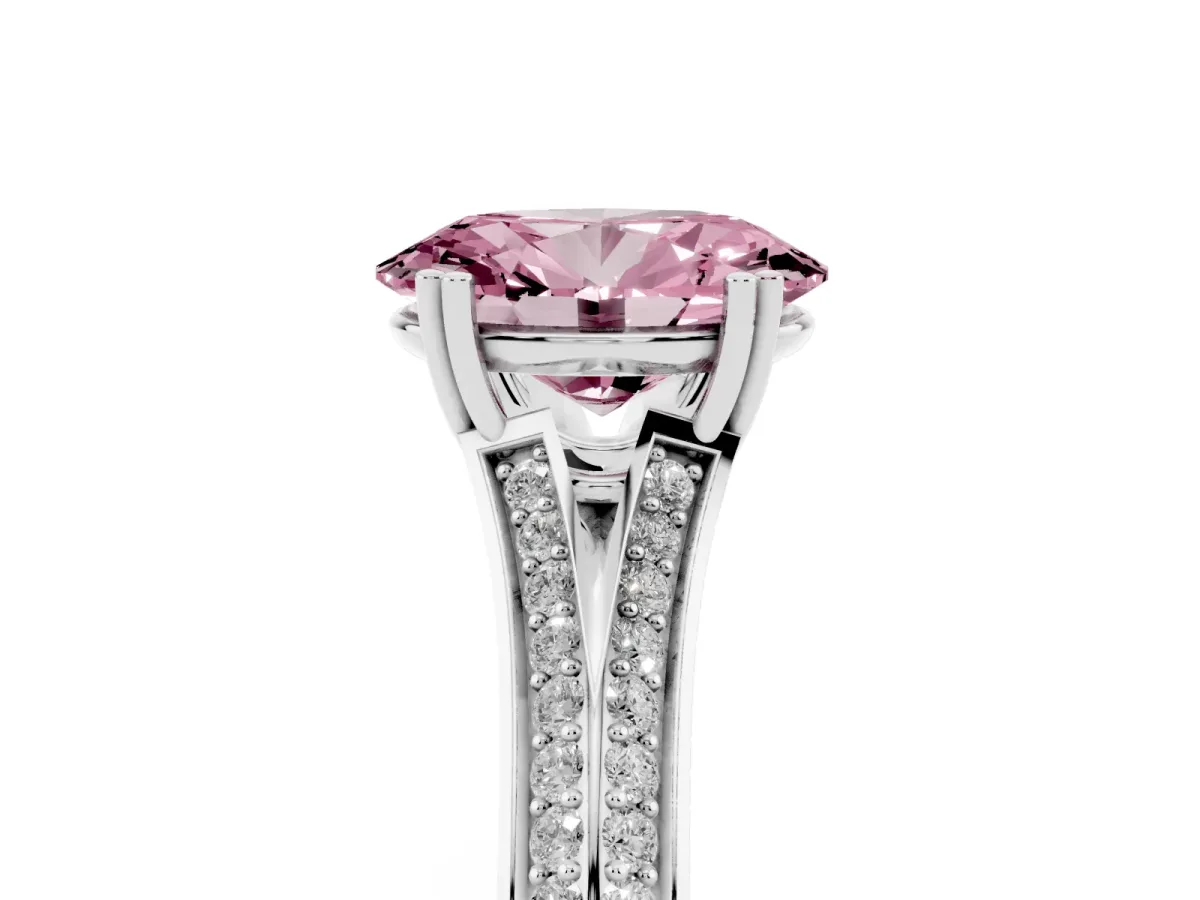 Fancy Pink Oval Cut Diamond Split Shank Engagement Ring with Pavé Band Silver