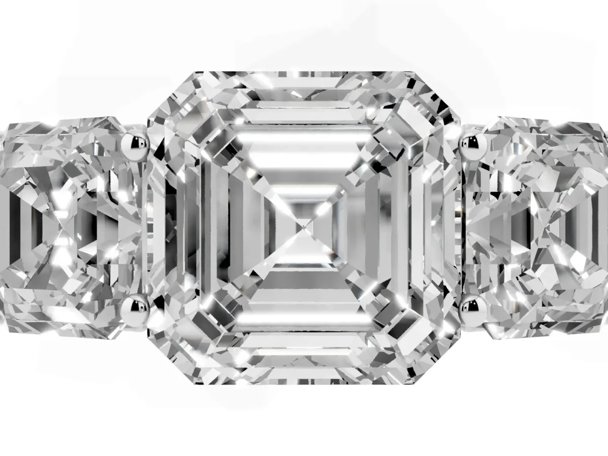 Asscher Cut Three-Stone Diamond Ring with Prong Setting on a Classic Band Platinum