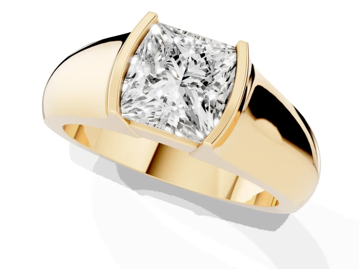 Princess Cut Solitaire Bezel Set Diamond Ring with Wide Band Yellow gold