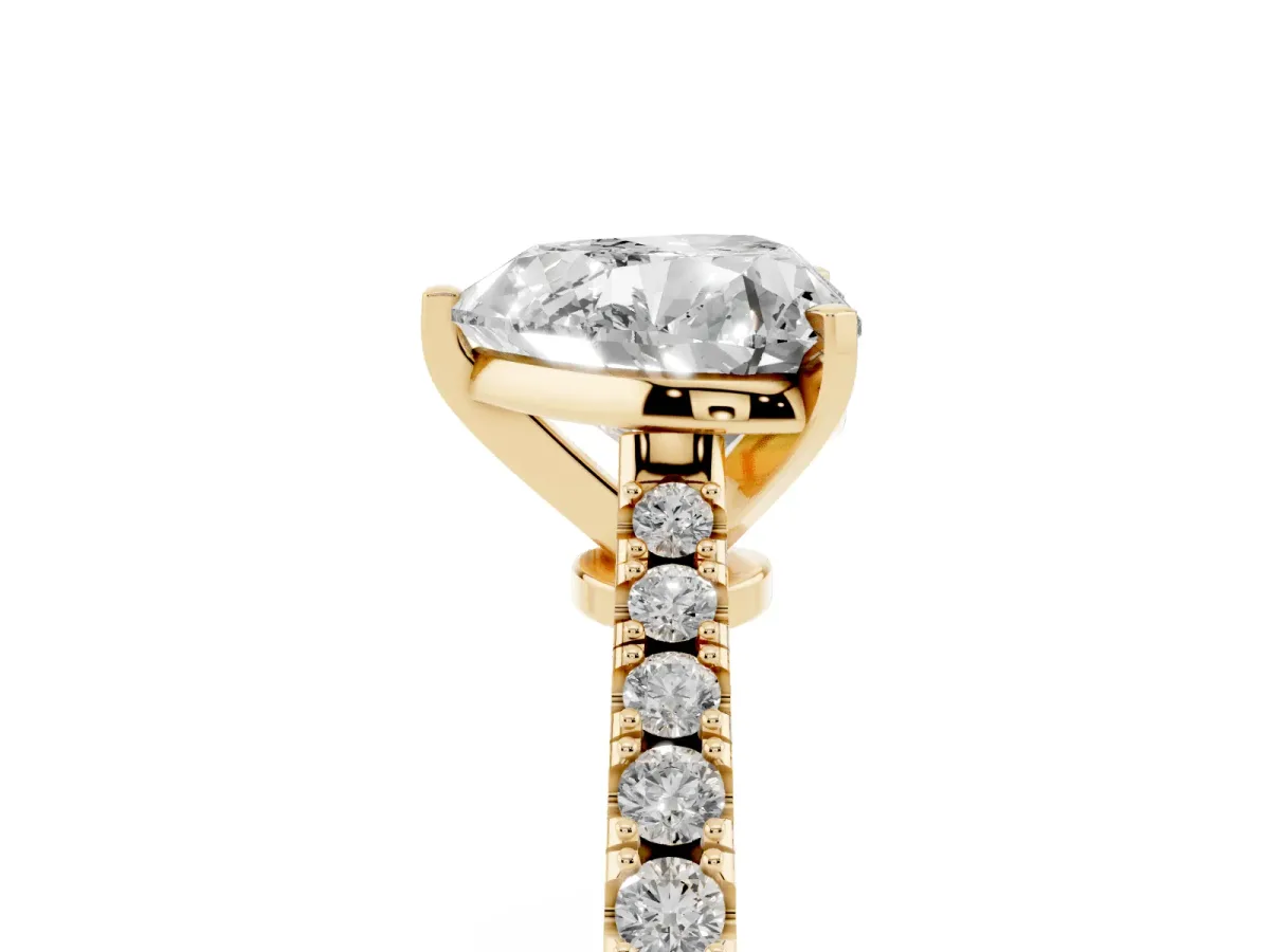 Heart Cut Cut Solitaire Diamond Engagement Ring with Pave Band and Four-Prong Setting Yellow gold