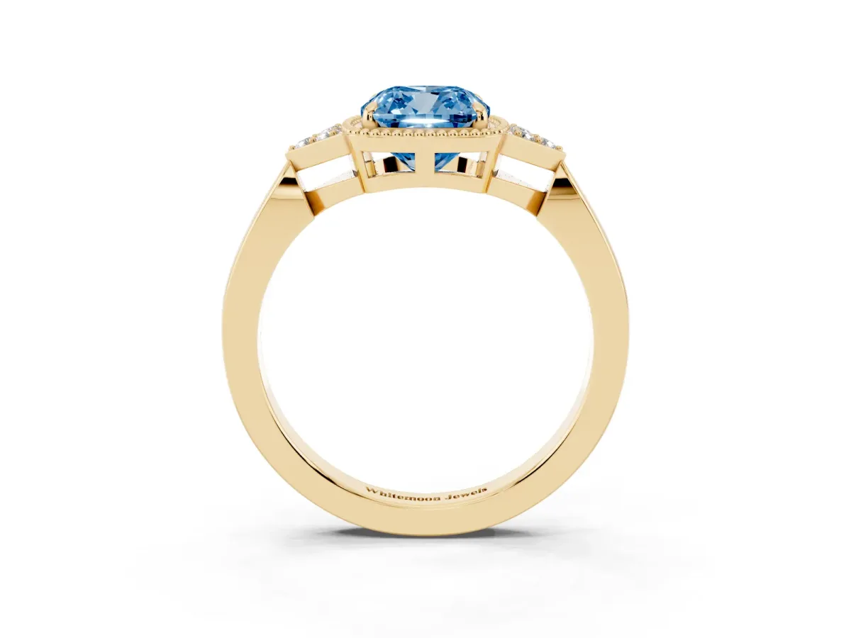 Fancy Blue Hexagonal Halo Cushion Cut Diamond Solitaire with Pavé Band and Four-Prong Setting Yellow gold