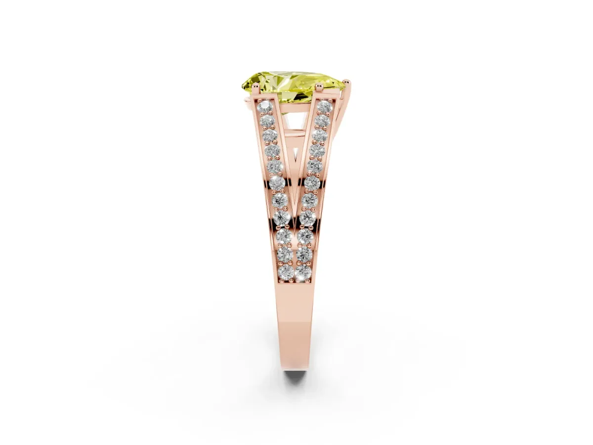 Fancy Yellow Pear Cut Diamond Split Shank Ring with Pavé Band and Four-Prong Setting Rose gold