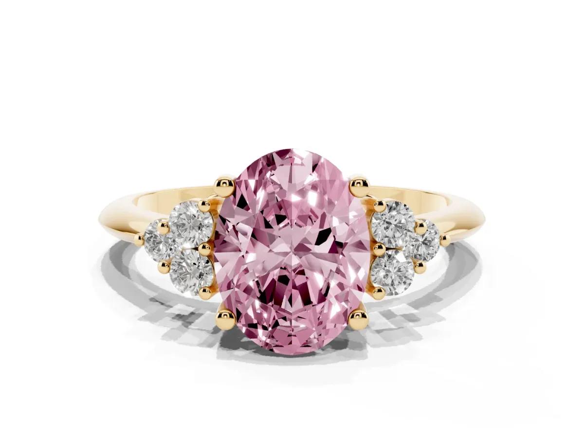 Fancy Pink Oval Cut Cut Diamond Cluster Ring with Solitaire Band and Four-Prong Setting Yellow gold