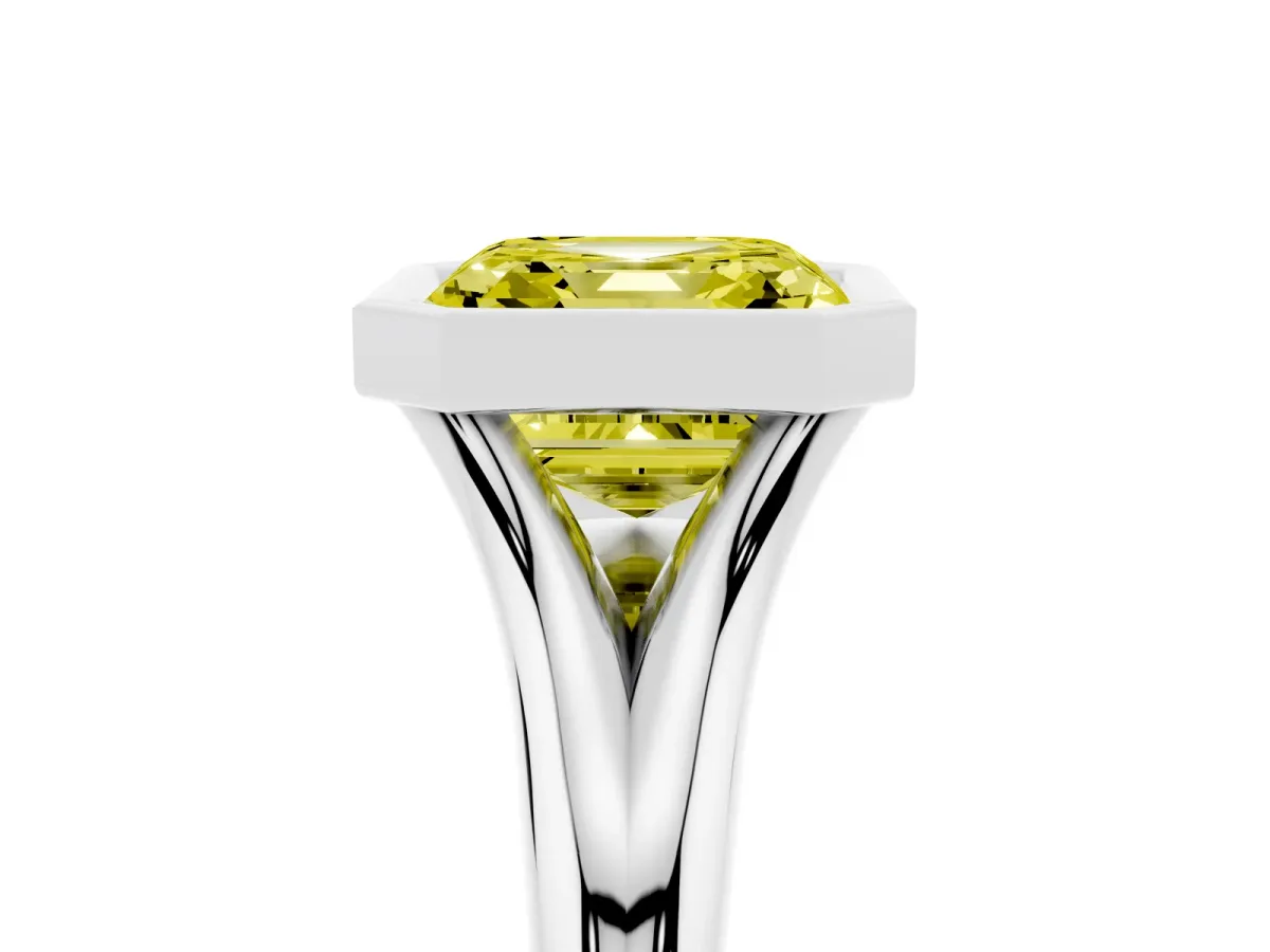 Fancy Yellow Bezel Set Asscher Cut Solitaire Diamond Ring with Smooth Band Silver