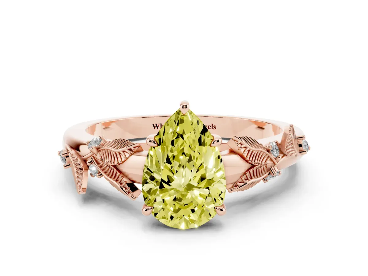 Fancy Yellow Pear Cut Diamond Solitaire Ring with Leaf Motif Band and Four-Prong Setting Rose gold