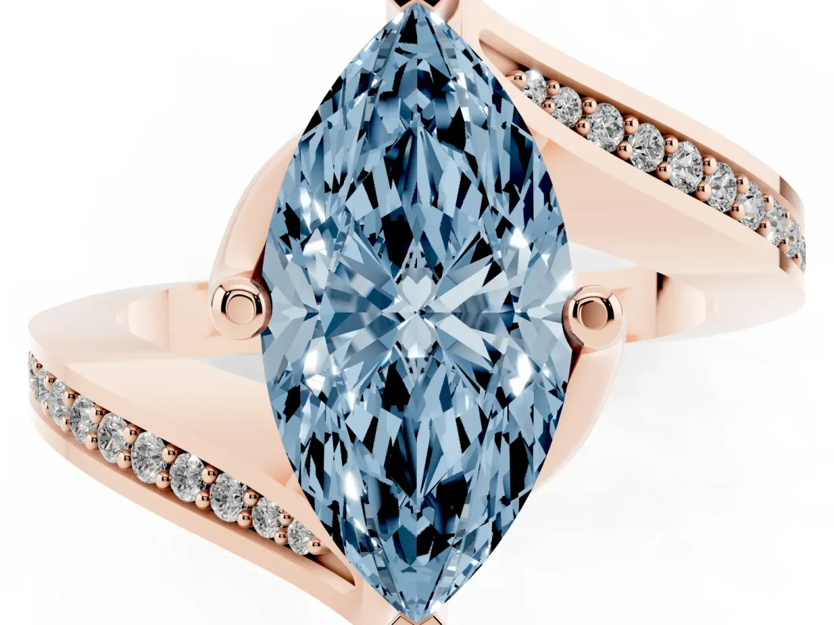 Fancy Blue Marquise Cut Solitaire Diamond Twist Band with Pavé Setting and Four-Prong Setting Rose gold