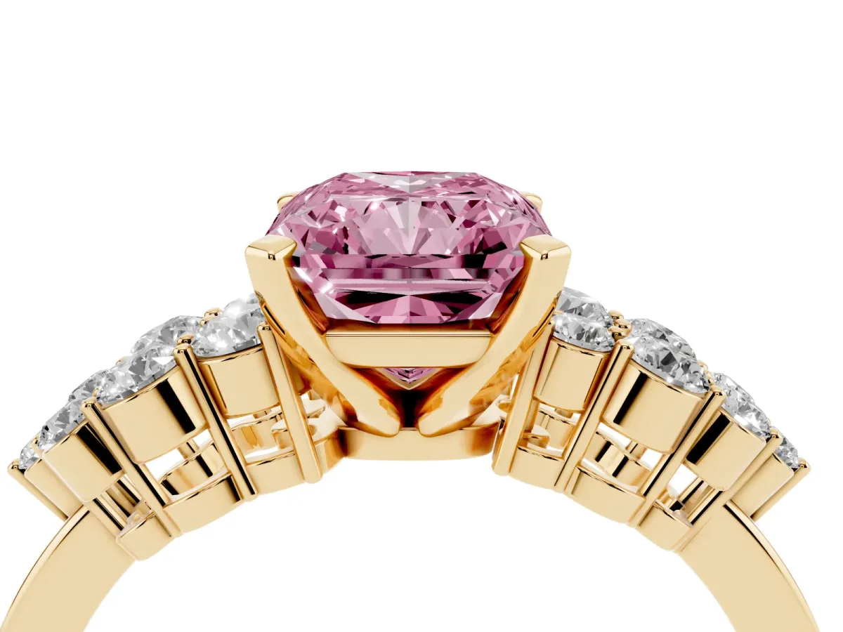Fancy Pink Radiant Cut Cluster Diamond Engagement Ring with Pavé Band and Four-Prong Setting Yellow gold