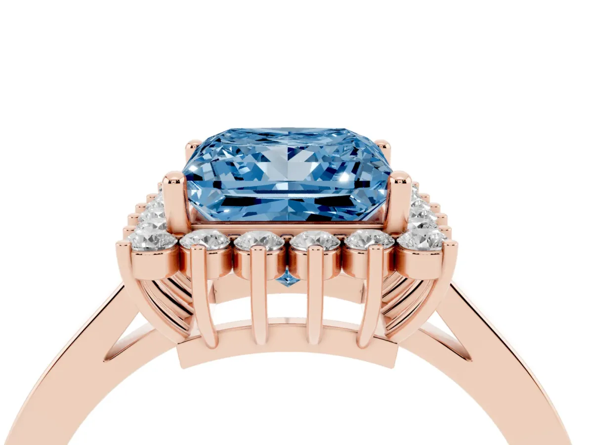Fancy Blue Princess Cut Cut Diamond Halo Ring with Round Brilliant Halo and Solitaire Band Rose gold