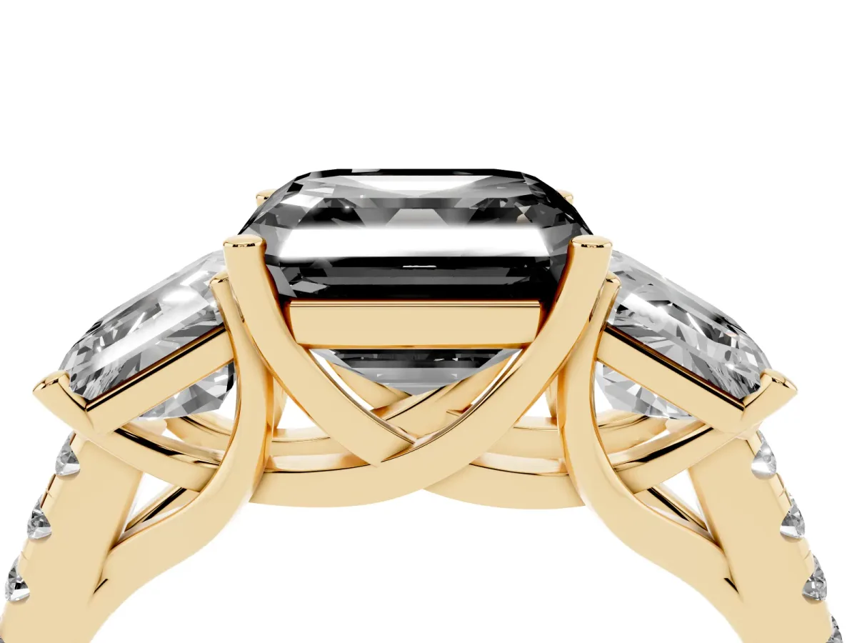 Fancy Black Three-Stone Asscher Cut Diamond Ring with Round Pavé Band and Prong Setting Yellow gold