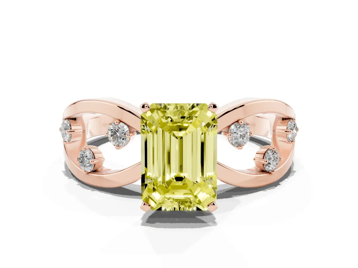 Fancy Yellow Emerald Cut Cut Solitaire Diamond with Side Stones on Criss-Cross Band and Four-Prong Setting Rose gold