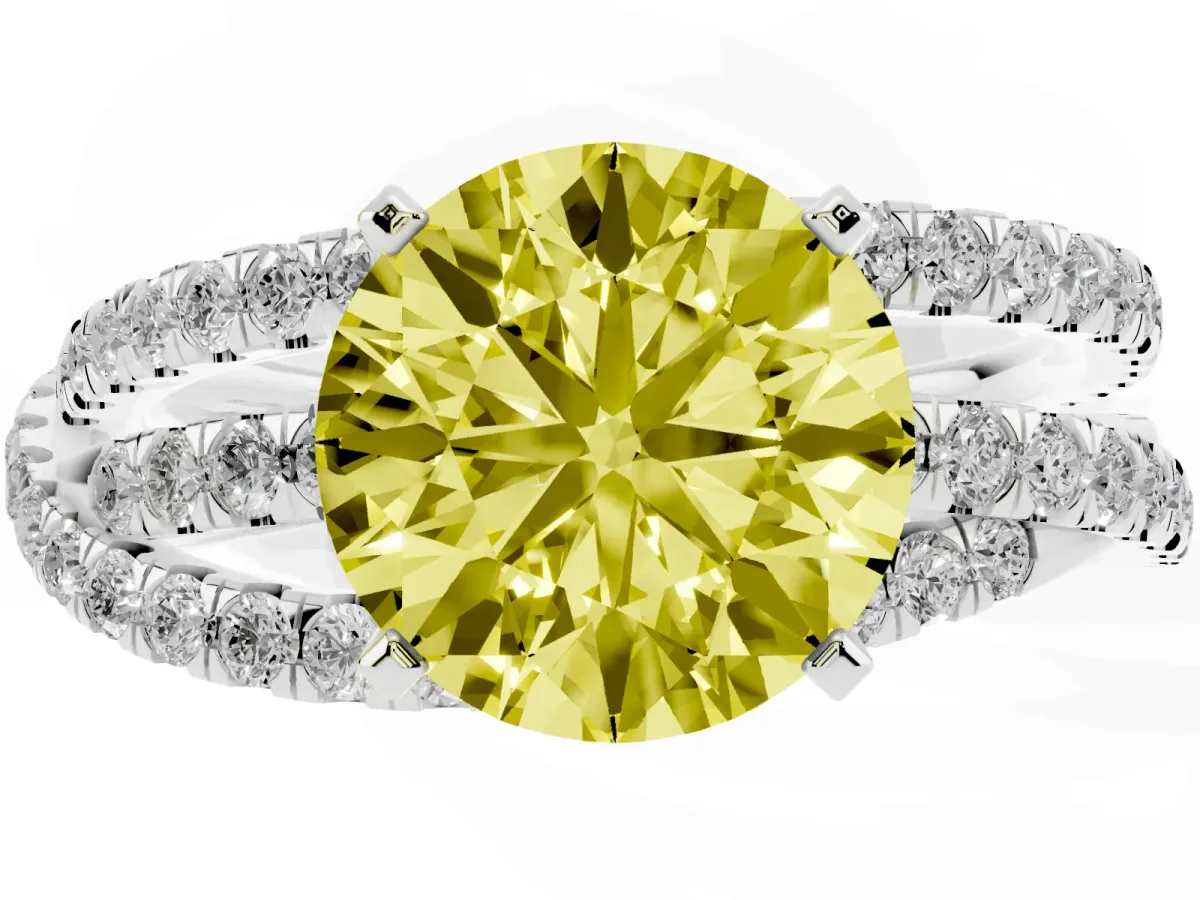 Fancy Yellow Round Cut Solitaire Twist Band with Pavé Setting and Four-Prong Setting Silver