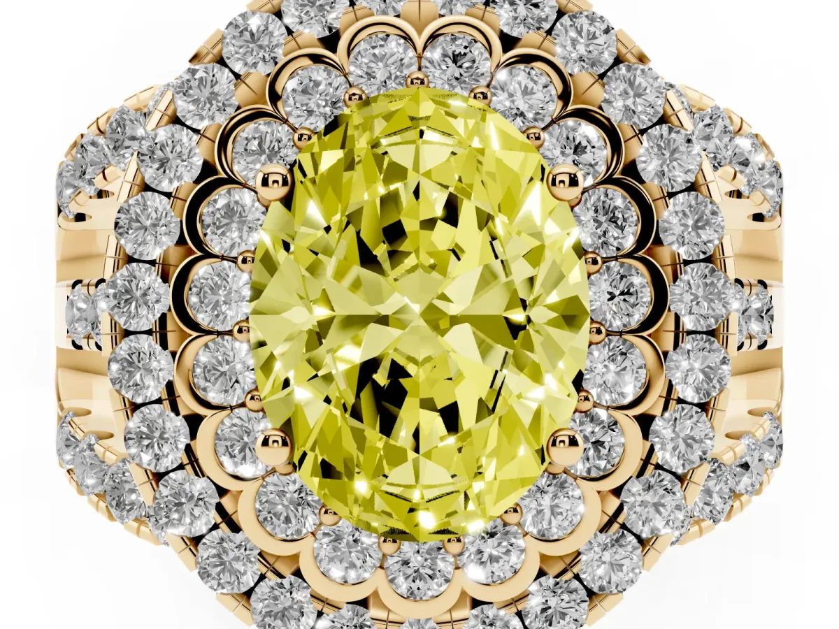 Fancy Yellow Oval Cut Diamond Double Halo Ring with Round Pavé Split Shank and Prong Setting Yellow gold