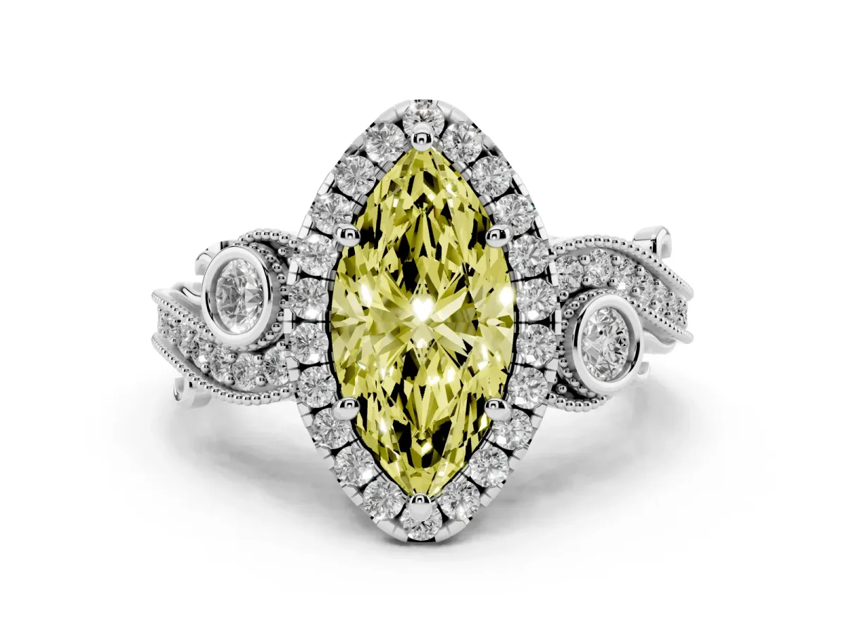 Fancy Yellow Marquise Cut Diamond Halo Ring with Milgrain Pavé Band and Four-Prong Setting White gold