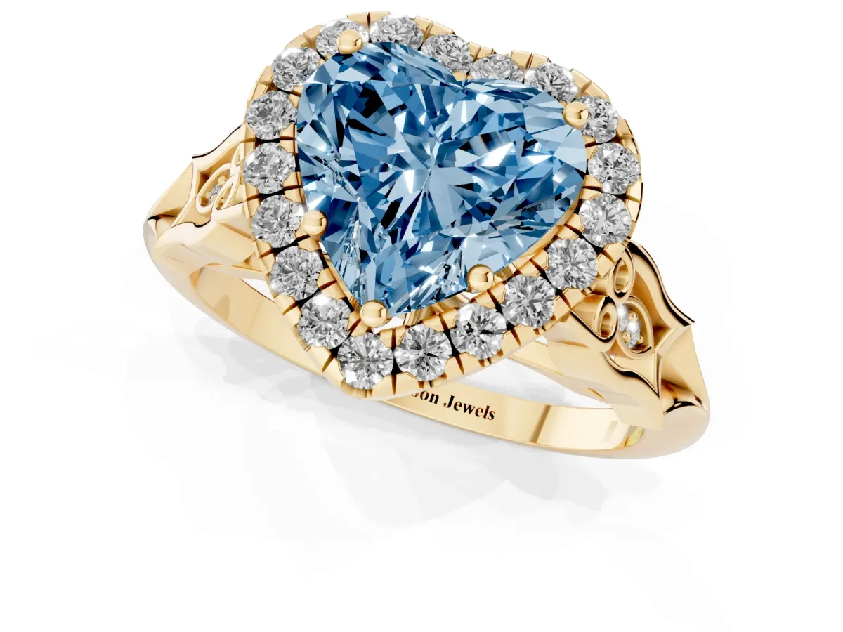 Fancy Blue Heart Cut Halo Diamond Engagement Ring with Filigree Band and Four-Prong Setting Yellow gold