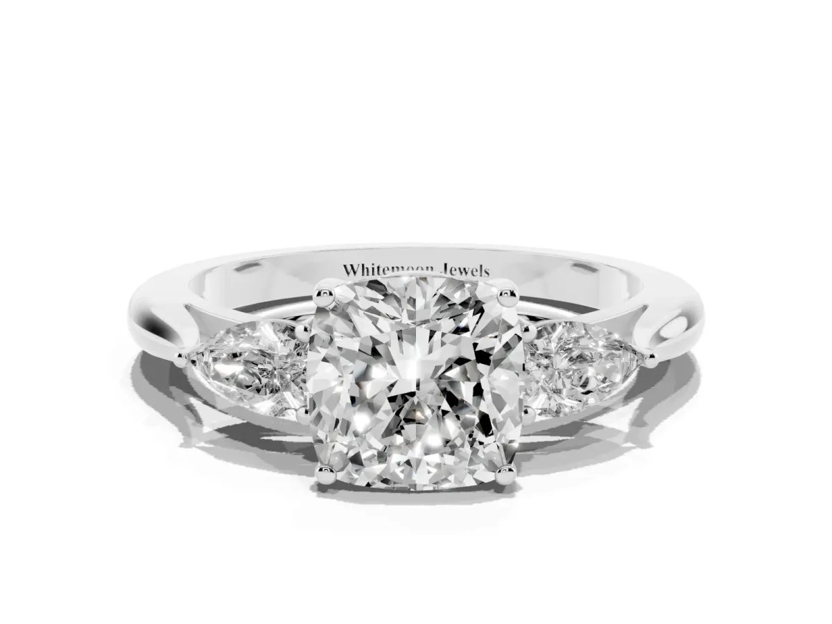 Three-Stone Cushion Cut Brilliant Diamond Solitaire Ring with Tapered Band and Four-Prong Setting Silver