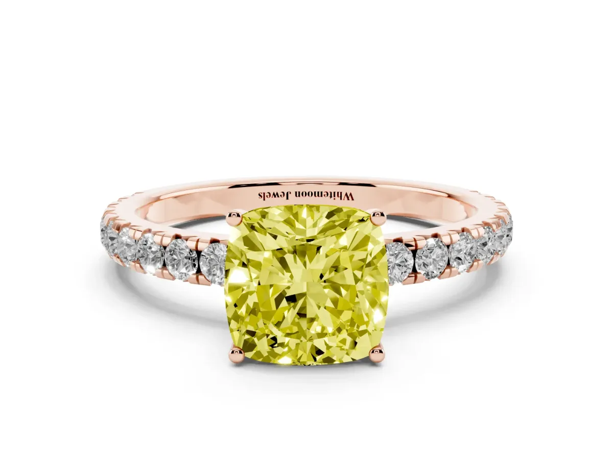 Fancy Yellow Cushion Cut Diamond Pavé Solitaire Engagement Ring with Four-Prong Setting Rose gold