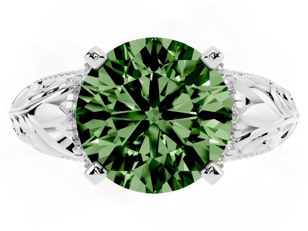 Fancy Green Round Cut Solitaire Filigree Engagement Ring with Halo and Prong Setting Silver