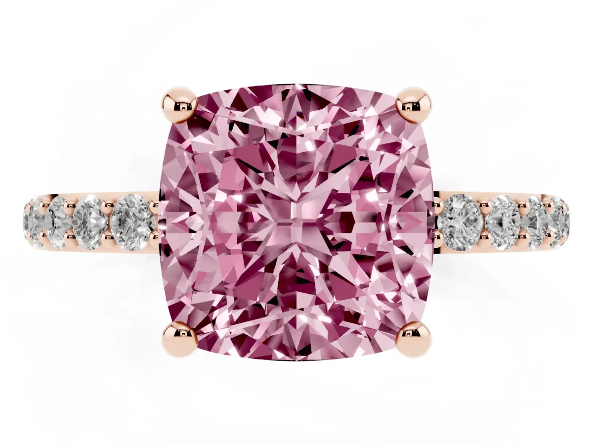 Fancy Pink Cushion Cut Diamond Solitaire Ring with Round Pavé Band and Prong Setting Rose gold