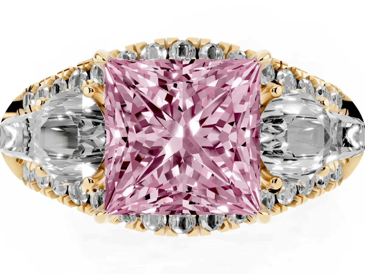 Fancy Pink Three-Stone Princess Cut Diamond Engagement Ring with Pave Band and Prong Setting Yellow gold