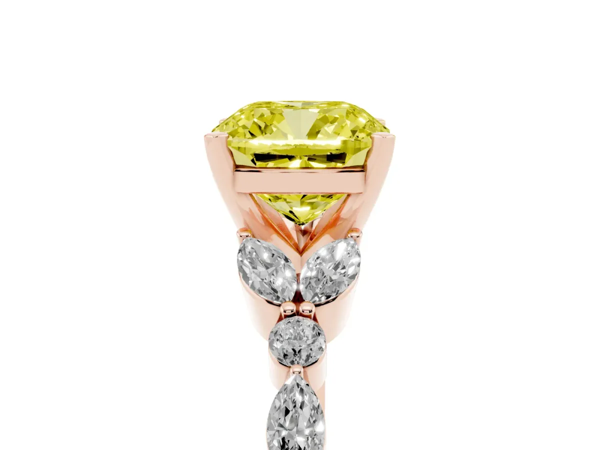 Fancy Yellow Cushion Cut Diamond Solitaire Ring with Side Stones and Four-Prong Setting Rose gold