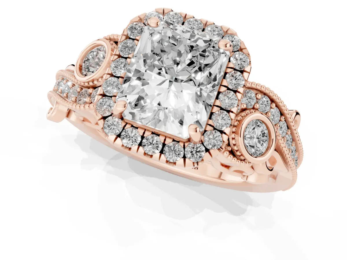 Radiant Cut Diamond Halo Ring with Milgrain Pavé Band and Four-Prong Setting Rose gold