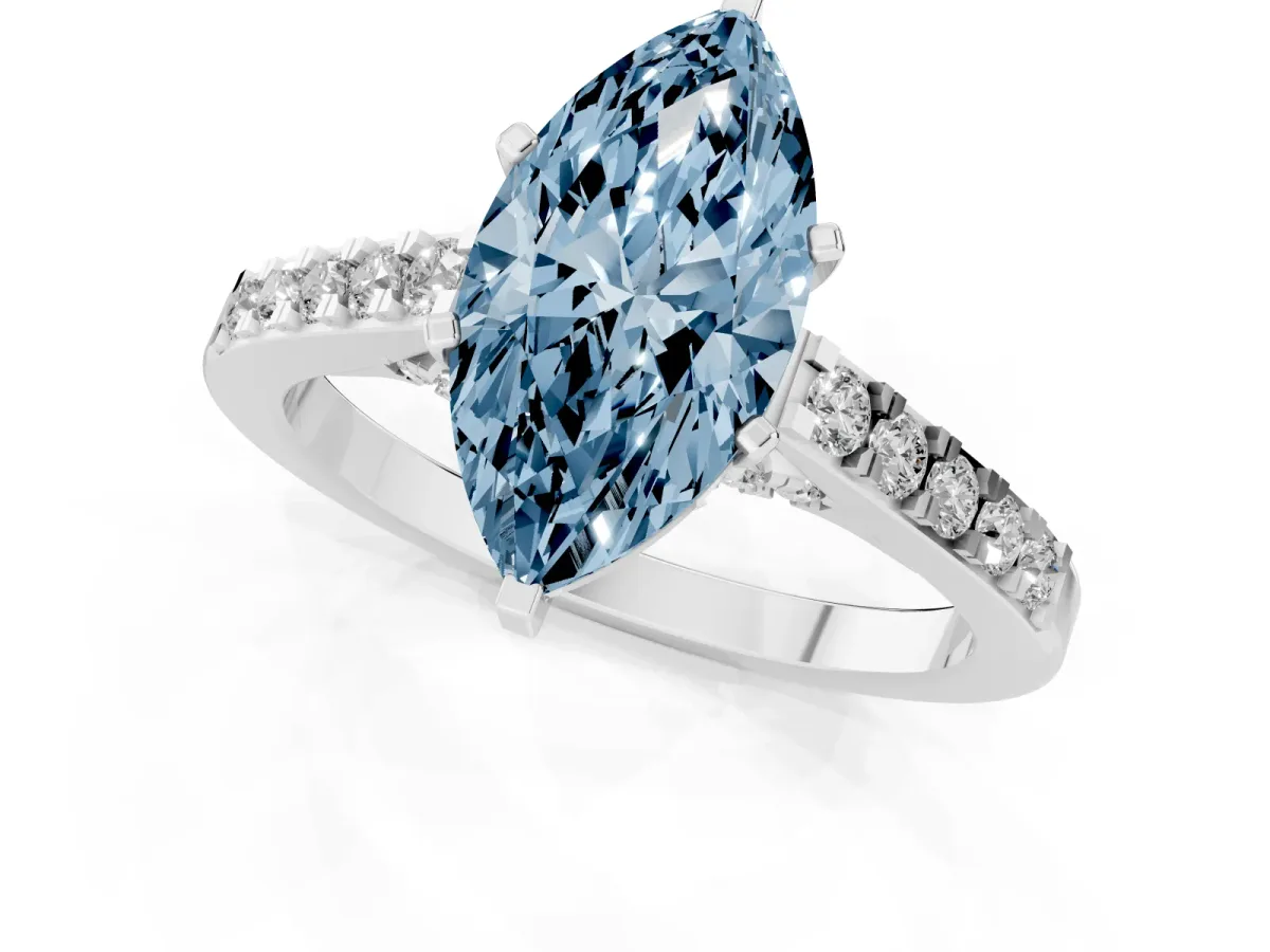 Fancy Blue Marquise Cut Diamond Solitaire Ring with Crossover Gallery and Round Pavé Band Silver