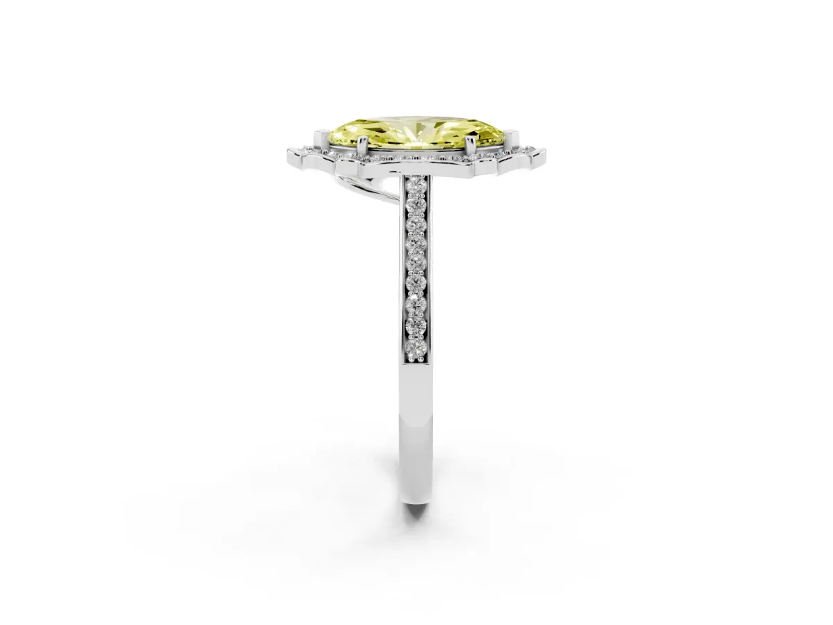 Fancy Yellow Marquise Cut Halo Round Diamond Pave Band with Four-Prong Setting Platinum