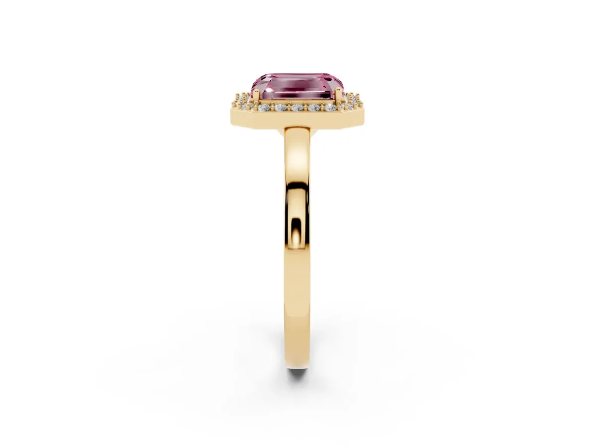 Fancy Pink Radiant Cut Halo Diamond Ring with Solitaire Band and Prong Setting Yellow gold