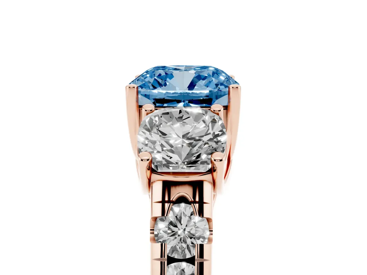 Fancy Blue Three-Stone Cushion Cut Diamond Pavé Band with Prong Setting Rose gold