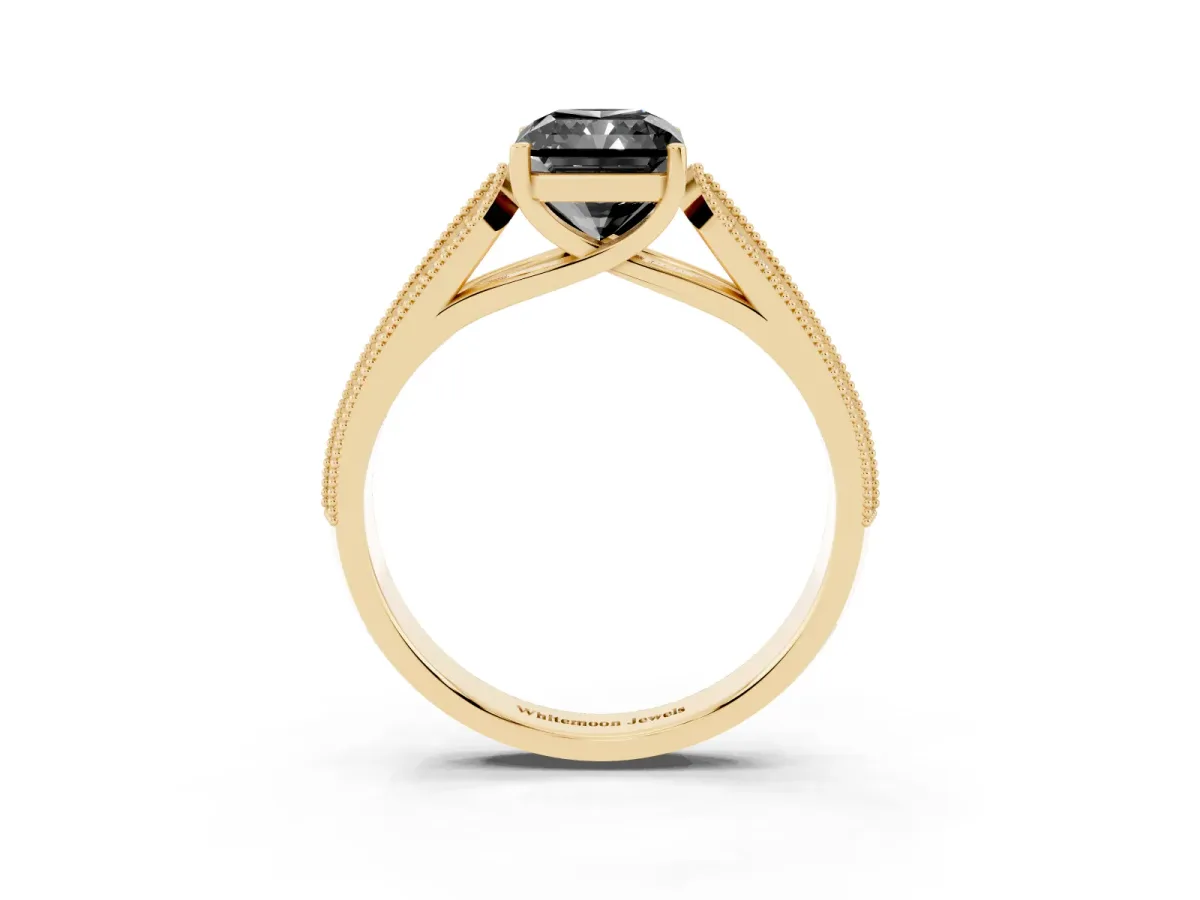 Fancy Black Radiant Cut Cut Pave Split Shank Engagement Ring with Four-Prong Setting Yellow gold