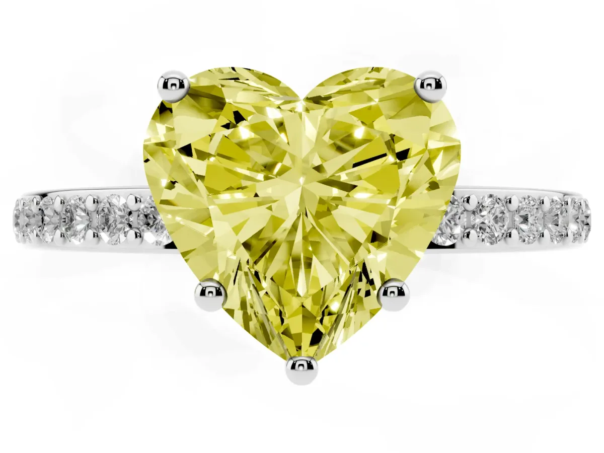 Fancy Yellow Heart Cut Cut Diamond Pavé Band Ring with Four-Prong Setting Silver