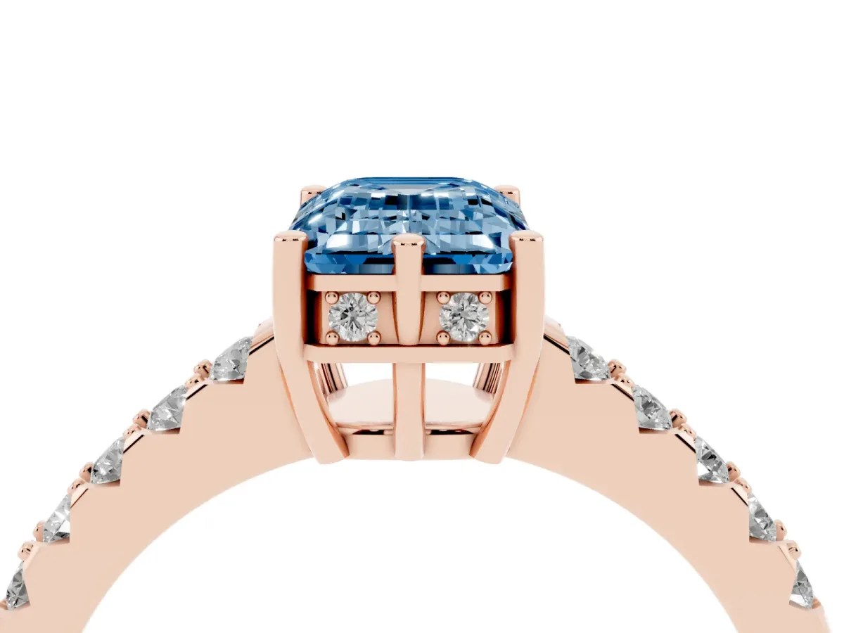 Fancy Blue Emerald Cut Solitaire Diamond Engagement Ring with Pavé Band and Six-Prong Setting Rose gold