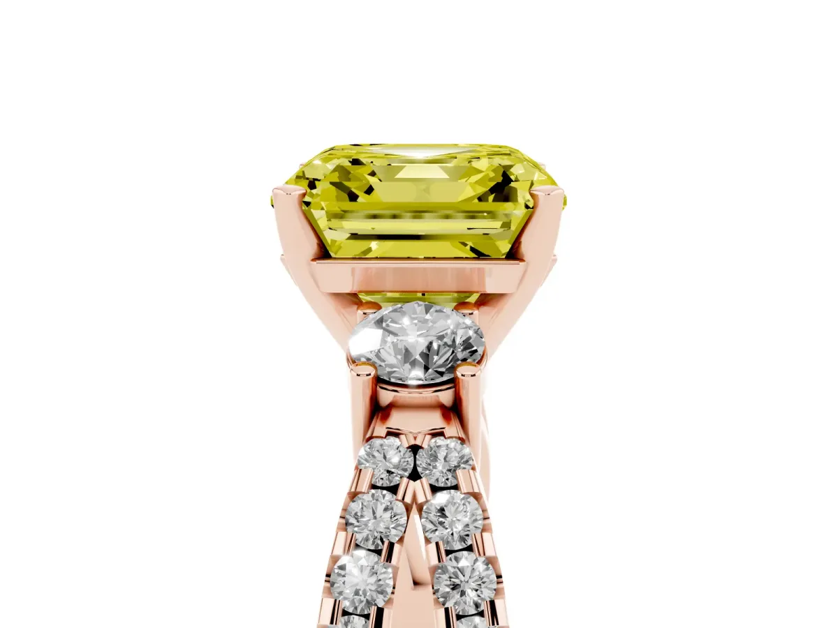 Fancy Yellow Asscher Cut Diamond Three-Stone Ring with Pavé Split Shank and Four-Prong Setting Rose gold