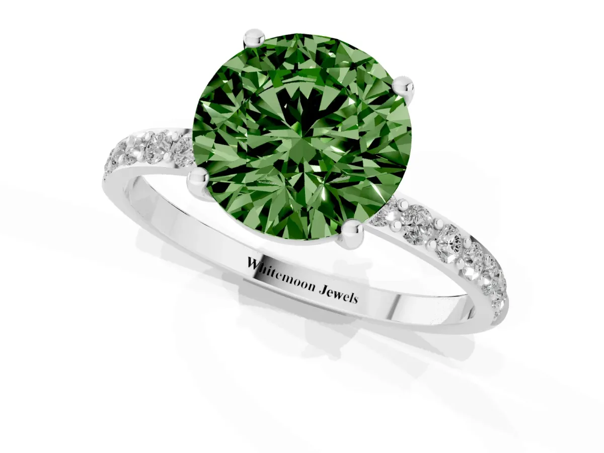 Fancy Green Round Cut Diamond Solitaire Ring with Round Pavé Shoulders and Prong Setting Silver