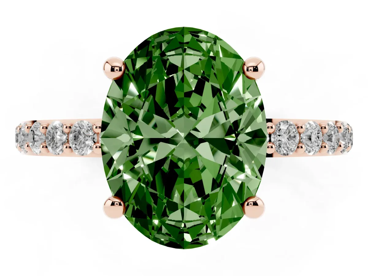 Fancy Green Oval Cut Diamond Solitaire Ring with Round Pavé Band and Prong Setting Rose gold