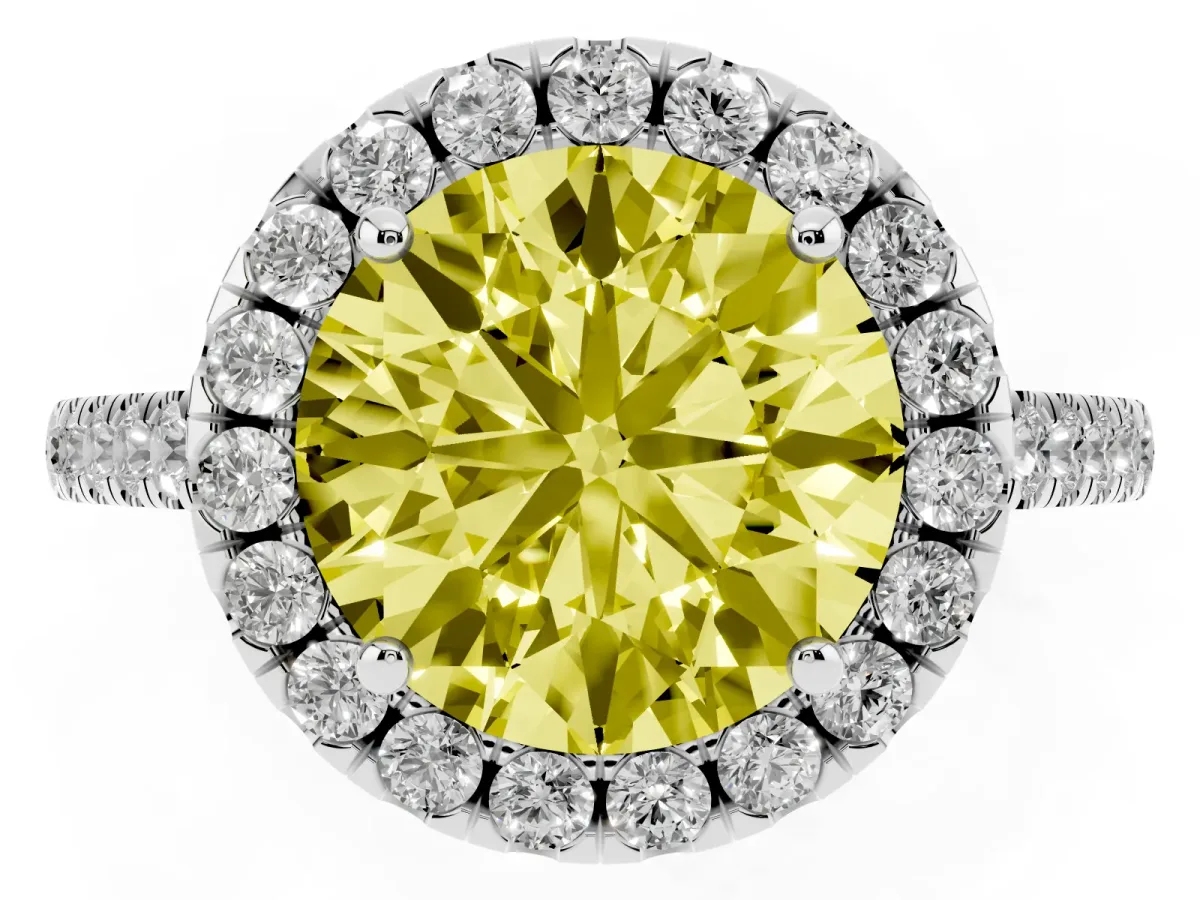 Fancy Yellow Round Cut Halo Pavé Diamond Engagement Ring with Four-Prong Setting Silver